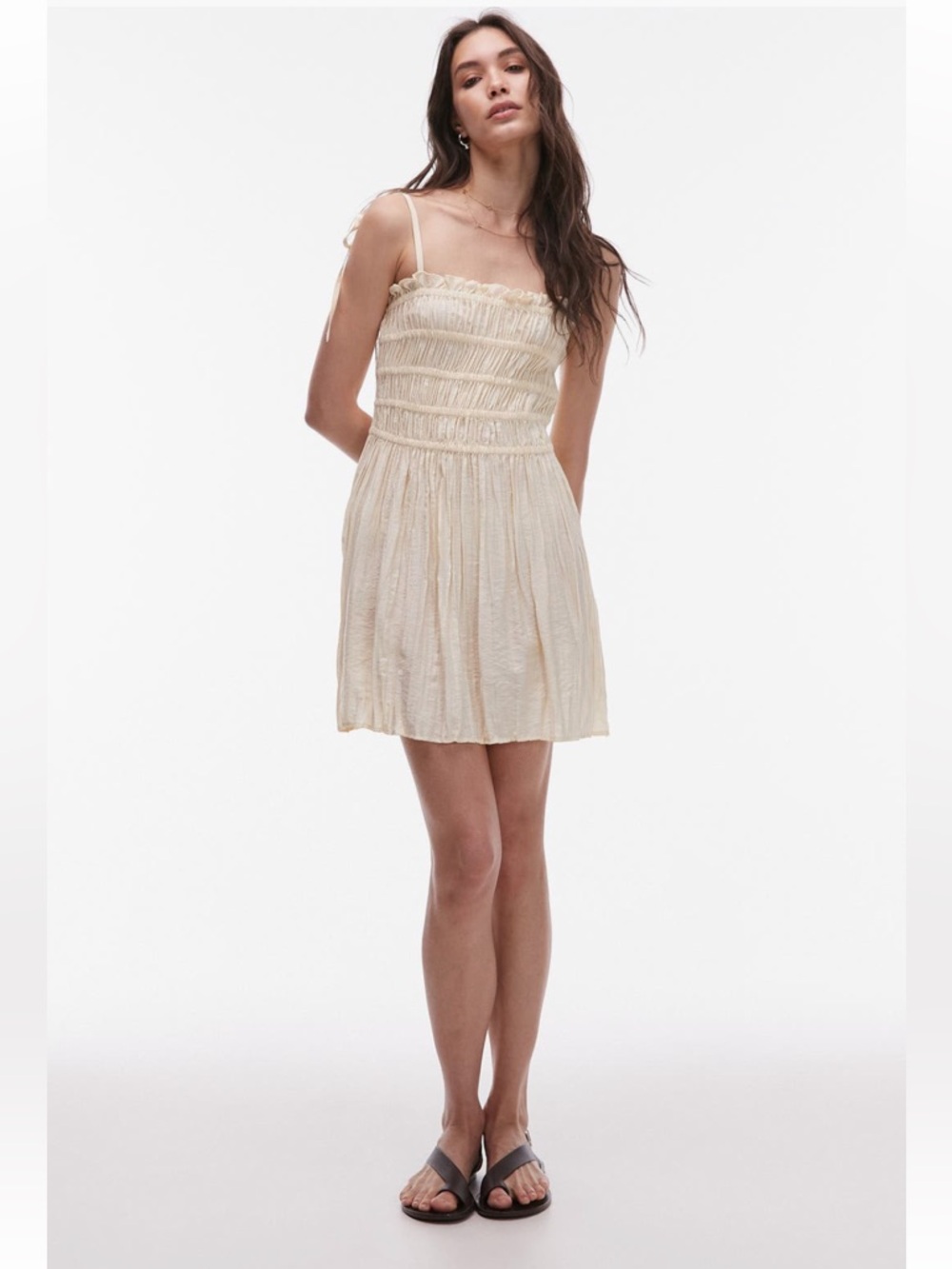 Topshop NWT ivory/cream/nude Shirred Bodice Mini Dress, Tie Straps, “crepe”